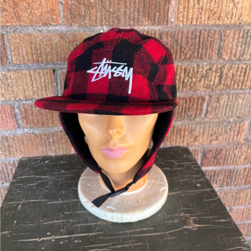 NOS Vintage Stussy Ear Flap Cap 100% Wool Trapper Hat Red Buffalo Plaid S/M Rare